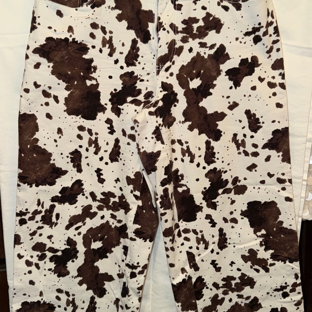 Fashion Nova Brown and White Cow Print Straight Leg Jeans